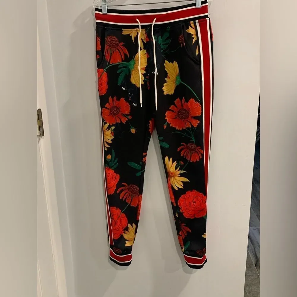 Reason Black and Red Floral Sweatpants with Sporty Stripes